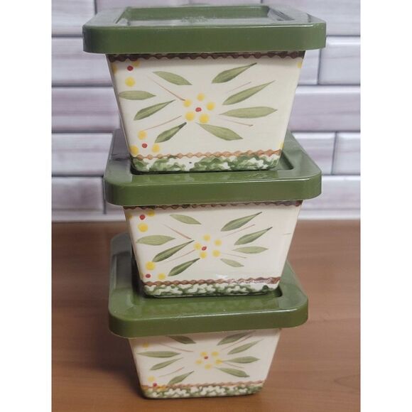 TEMP-TATIONS Old World Green ovenware Set - 3 Individual Square Bakers with Lids - Picture 4 of 8